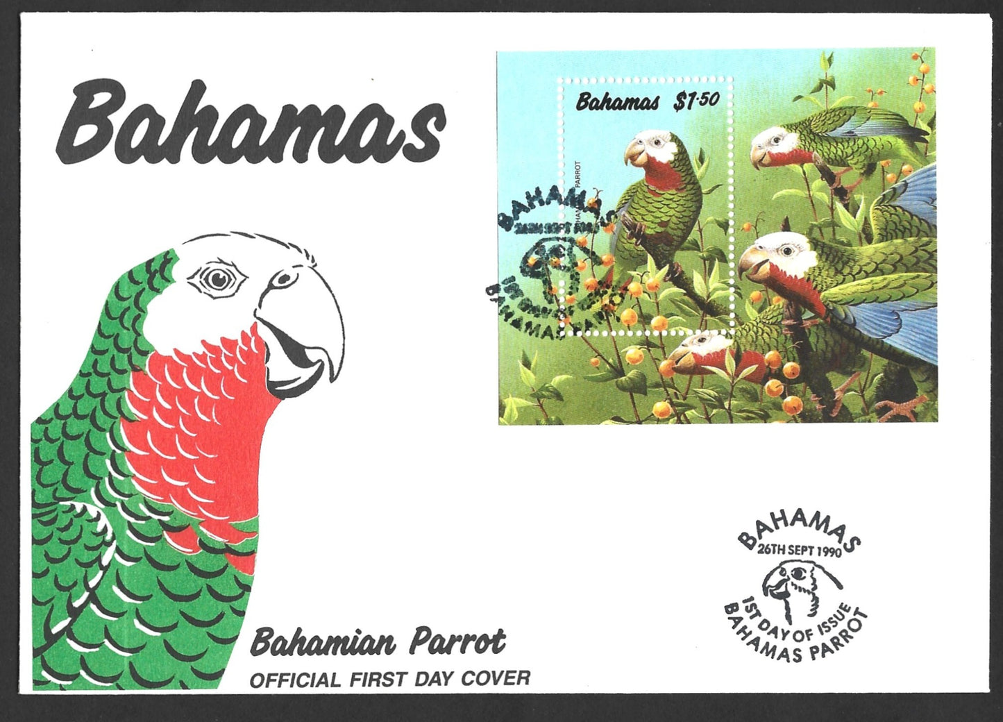 BAHAMAS  BAHAMIAN PARROT  1990  FIRST DAY COVER